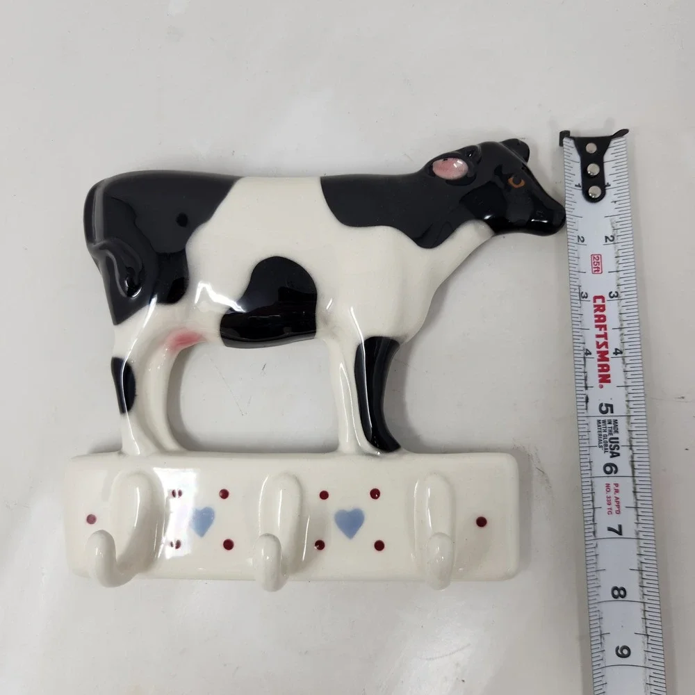 Vintage Clay Art 1987 Ceramic Cow Wall Hook Rack Black White Farmhouse Decor